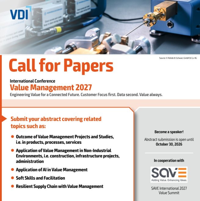 Call for Papers der International Conference Value Management 2027 von VDI und SAVE International