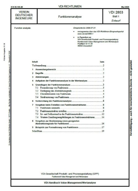 Titelseite des Entwurfs der Richtlinie VDI 2803 Blatt 1 „Funktionenanalyse“, Mai 2026